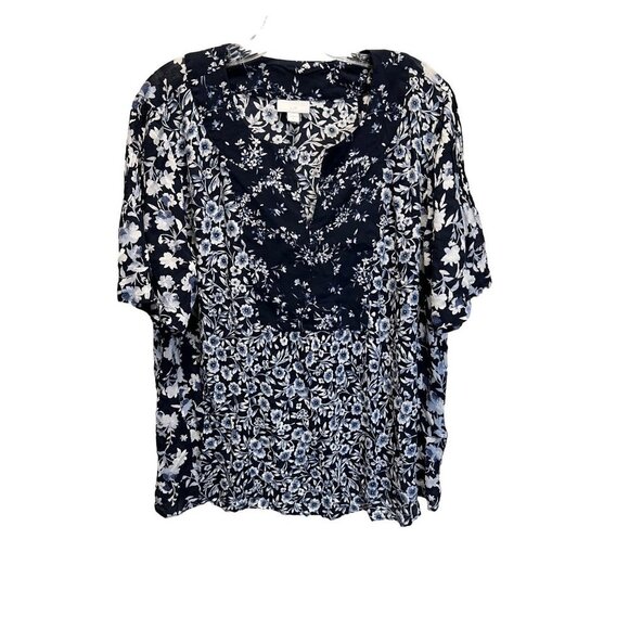 J Jill Floral Short Sleeve Blouse 100% Rayon  Woman's size Large - Picture 1 of 5
